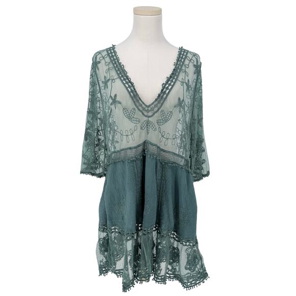 Bohemian Sage Green Embroidered Lace Tunic Top Deep V Neck Cottagecore Boho - Picture 1 of 5